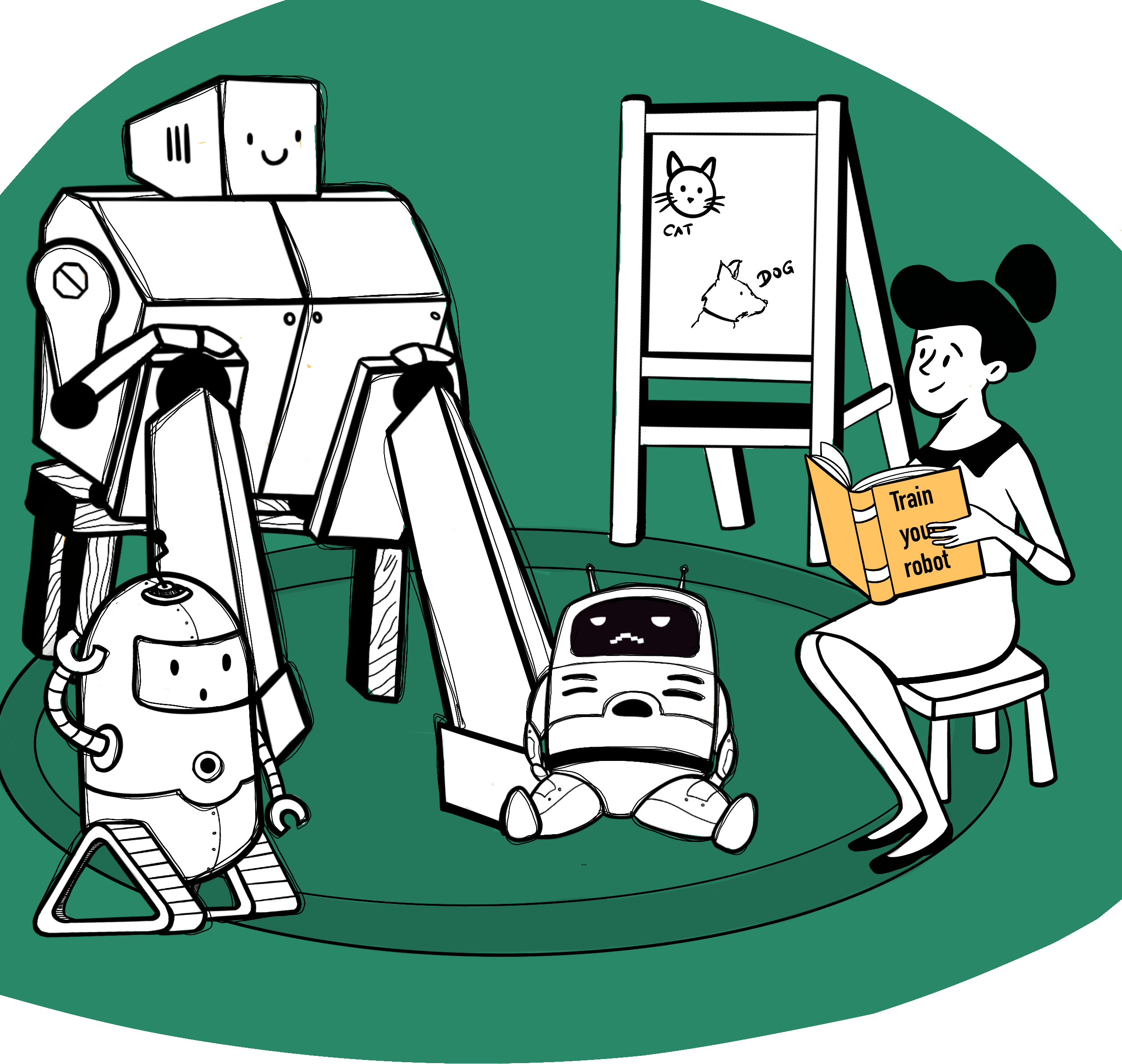 Zeichnung: Drei Roboter sitzen in einem Klassenzimmer mit Tafel, eine Lehrerin hält ein Buch in der Hand 
