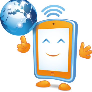 Saferinternetday.org Logo, Illustration: Fröhliches Smartphone balanciert Weltkugel am Zeigefinger